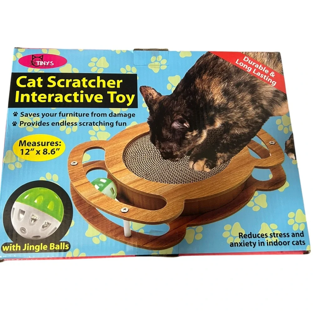 Wooden Cat Scratcher with Jingle Balls - Brown